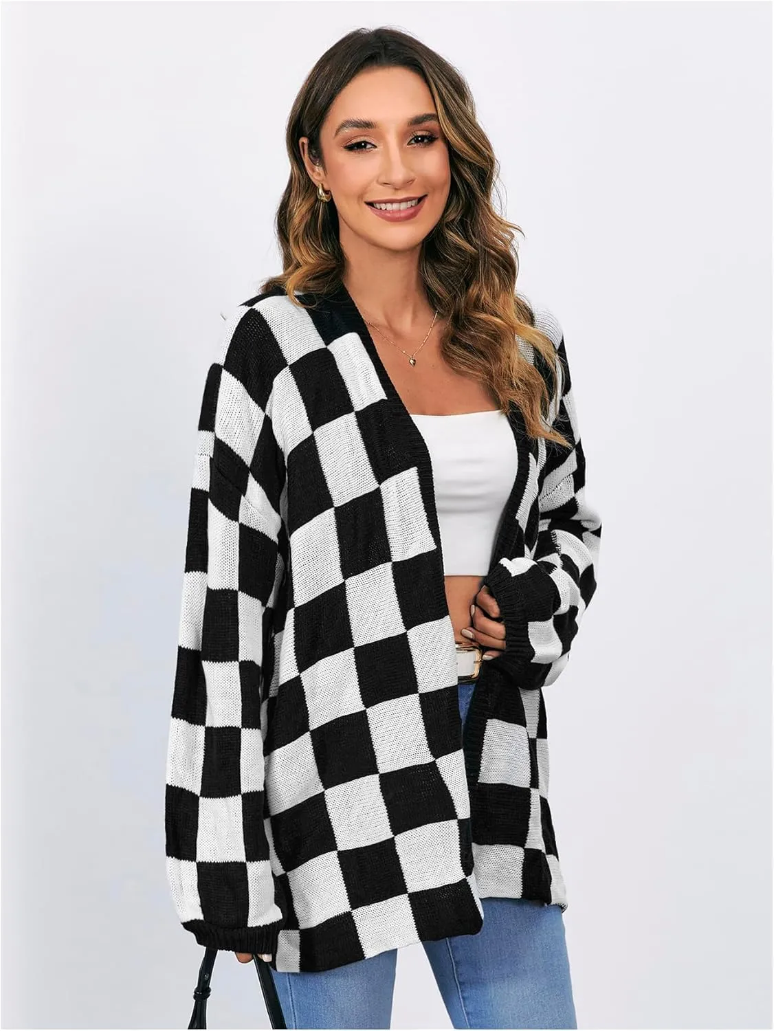 SHENHE Women's Oversized Plaid Outwear Open Front Knit Sweater Long Sleeve Casual Cardigan