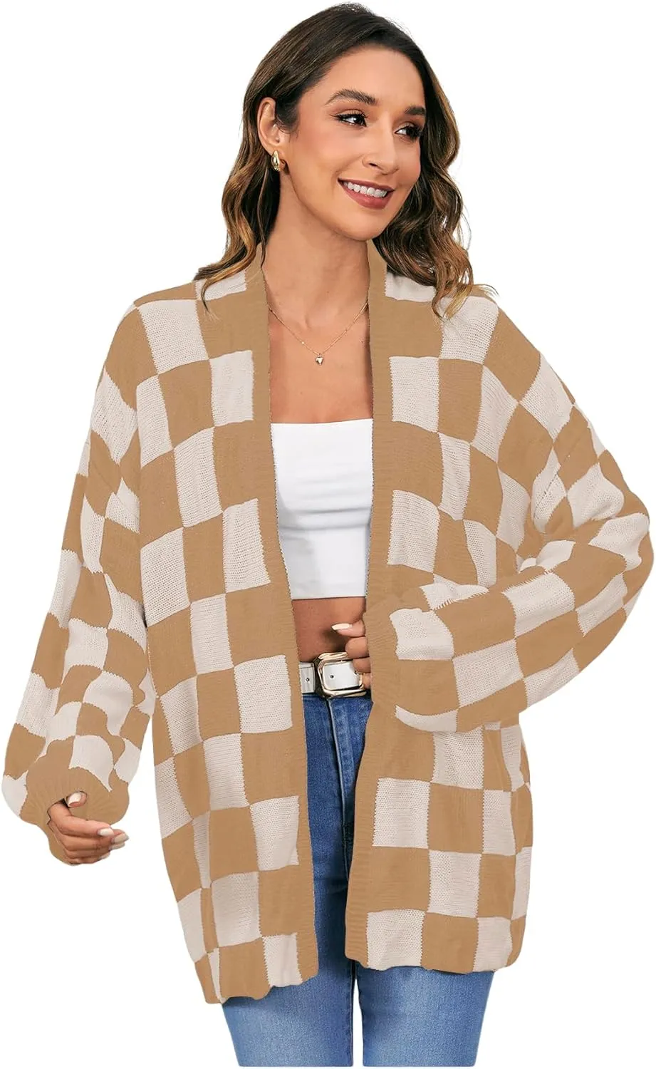 SHENHE Women's Oversized Plaid Outwear Open Front Knit Sweater Long Sleeve Casual Cardigan