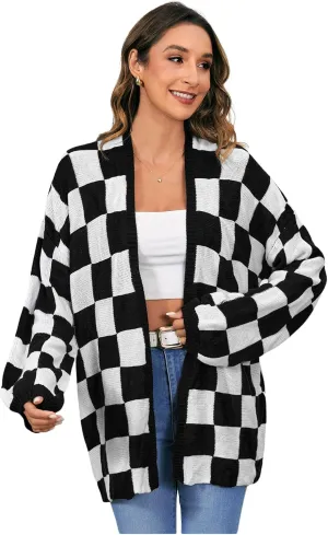 SHENHE Women's Oversized Plaid Outwear Open Front Knit Sweater Long Sleeve Casual Cardigan