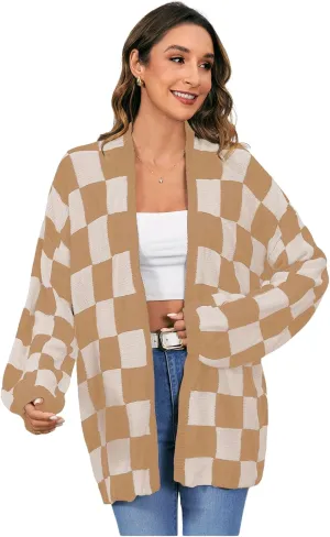 SHENHE Women's Oversized Plaid Outwear Open Front Knit Sweater Long Sleeve Casual Cardigan