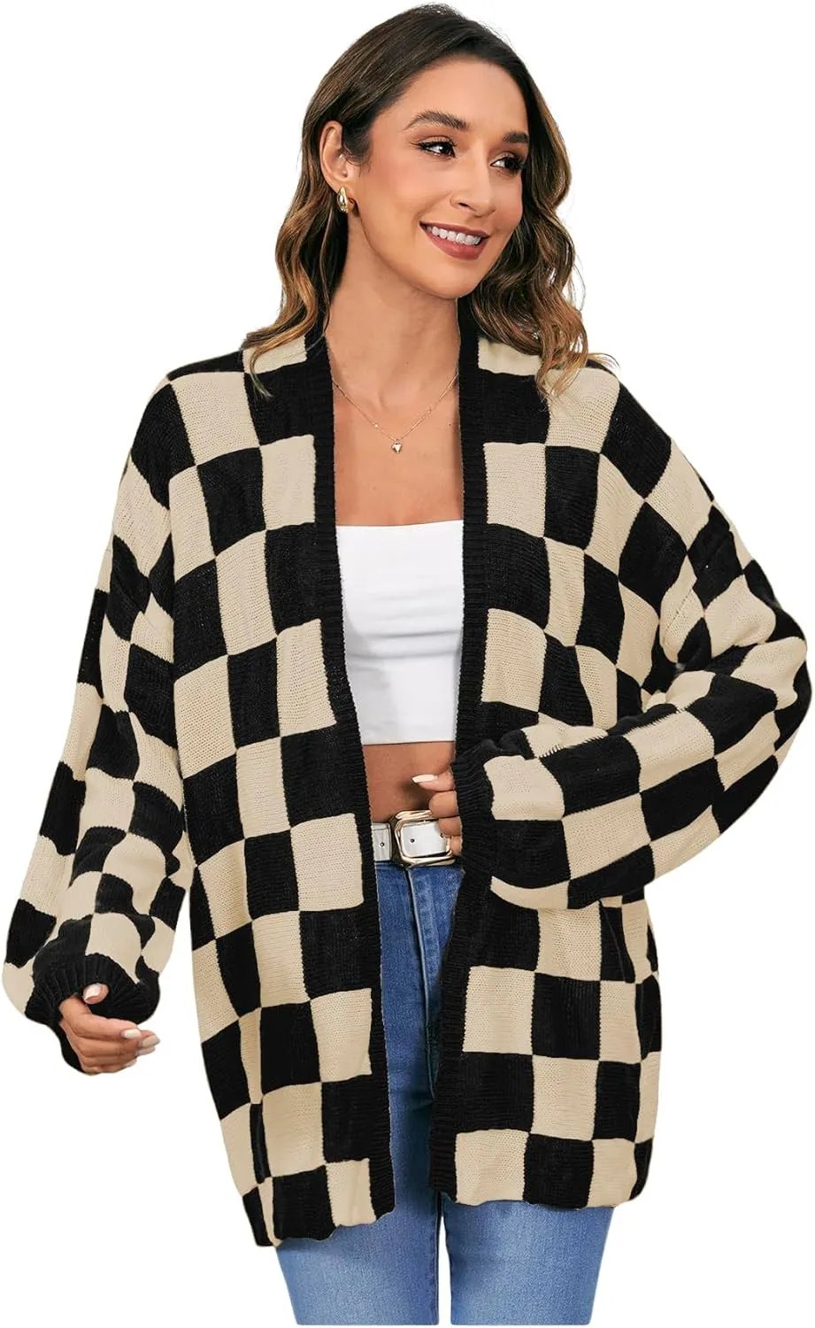 SHENHE Women's Oversized Plaid Outwear Open Front Knit Sweater Long Sleeve Casual Cardigan
