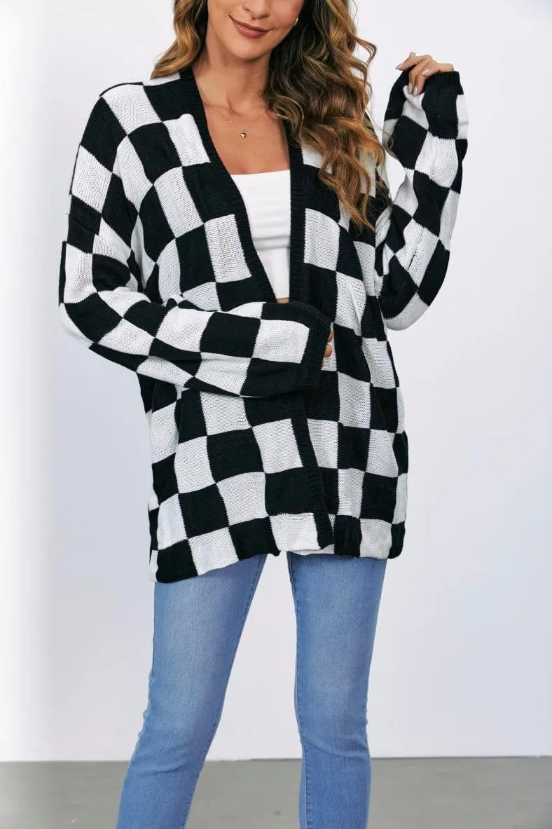 SHENHE Women's Oversized Plaid Outwear Open Front Knit Sweater Long Sleeve Casual Cardigan