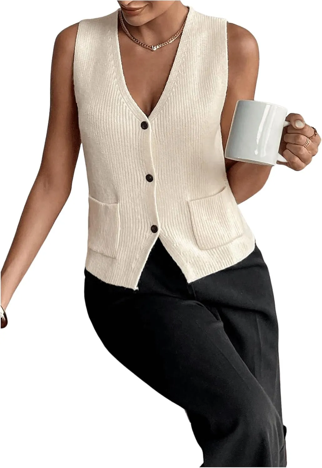 SHENHE Women's Sleeveless V Neck Sweater Vest Button Up Casual Knitwear Outfits with Pockets