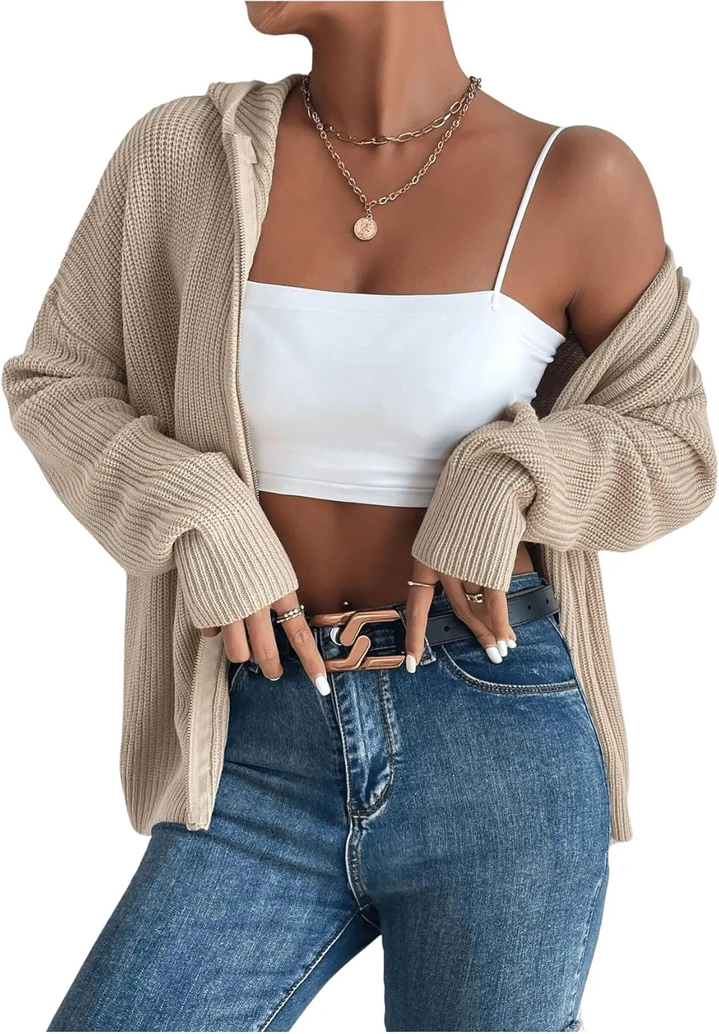 SHENHE Women's Zip Up Hooded Cardigan Drop Shoulder Casual Knitwear Sweater Jacket