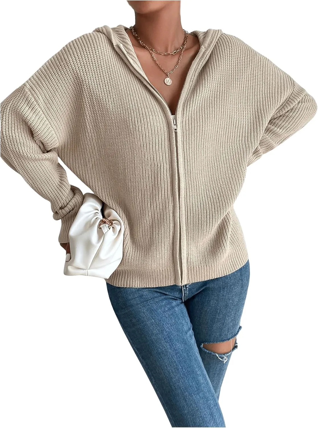SHENHE Women's Zip Up Hooded Cardigan Drop Shoulder Casual Knitwear Sweater Jacket