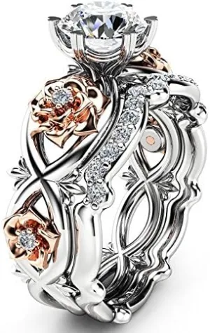 Silver Floral Flower Rings Rose Gold Plated Round Cut Zirconia Solitaire Engagement Rings for Women Bridal Ring