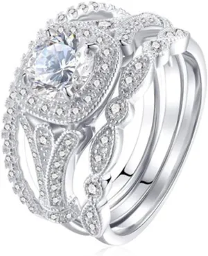 Silver Wedding Engagement Rings Birthday Round Cubic Zirconia CZ Ring Set for Women Mother Vintage Promise Rings