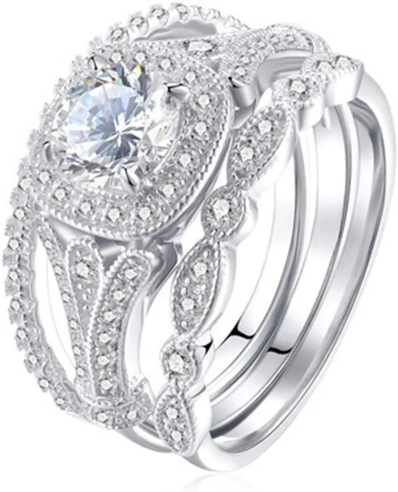 Silver Wedding Engagement Rings Birthday Round Cubic Zirconia CZ Ring Set for Women Mother Vintage Promise Rings