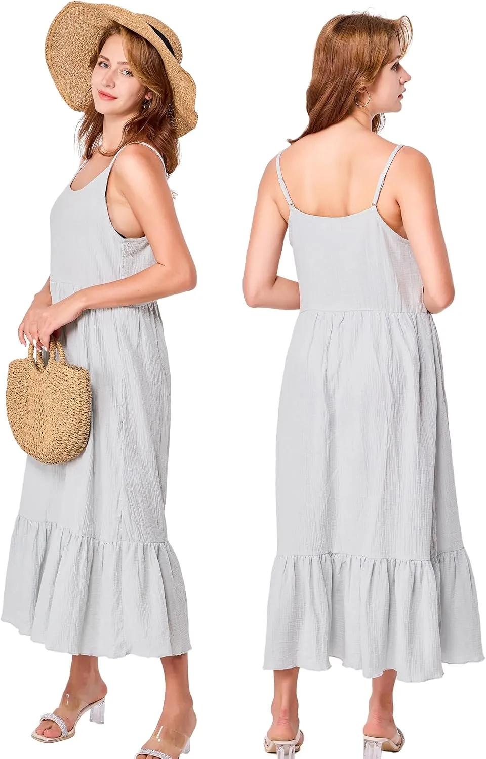 Simple&Opulence Women Summer Casual Cotton Maxi Dress, Loose Sleeveless Spaghetti Strap Tiered Boho Flowy Sundress for Beach