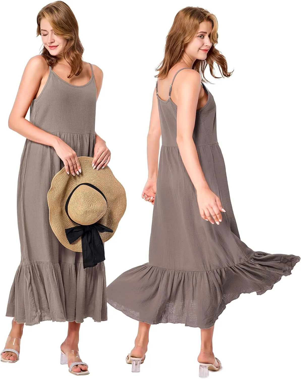 Simple&Opulence Women Summer Casual Cotton Maxi Dress, Loose Sleeveless Spaghetti Strap Tiered Boho Flowy Sundress for Beach
