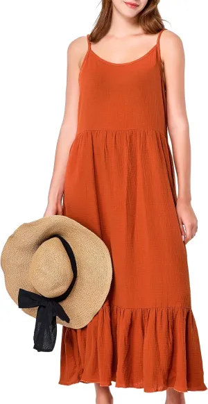 Simple&Opulence Women Summer Casual Cotton Maxi Dress, Loose Sleeveless Spaghetti Strap Tiered Boho Flowy Sundress for Beach