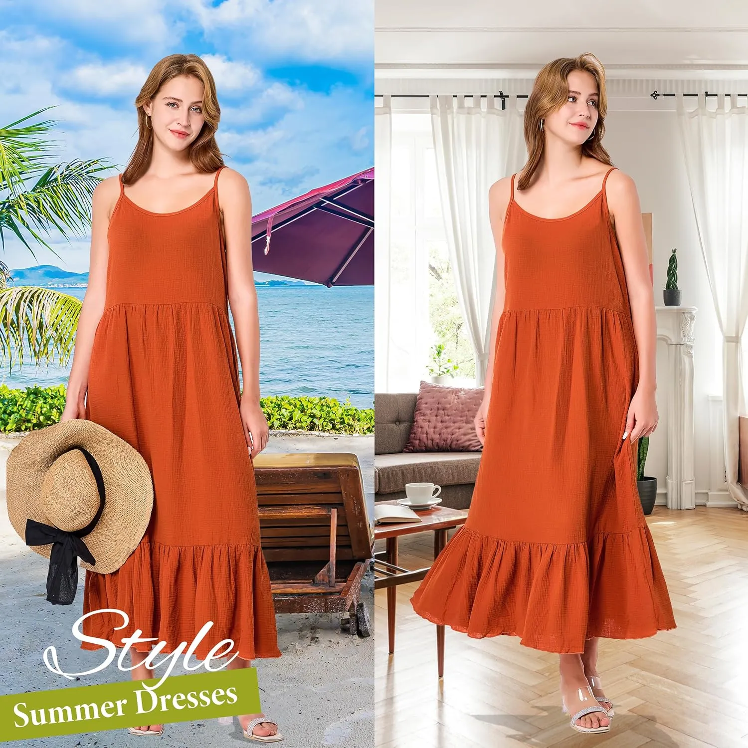 Simple&Opulence Women Summer Casual Cotton Maxi Dress, Loose Sleeveless Spaghetti Strap Tiered Boho Flowy Sundress for Beach