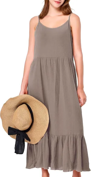 Simple&Opulence Women Summer Casual Cotton Maxi Dress, Loose Sleeveless Spaghetti Strap Tiered Boho Flowy Sundress for Beach