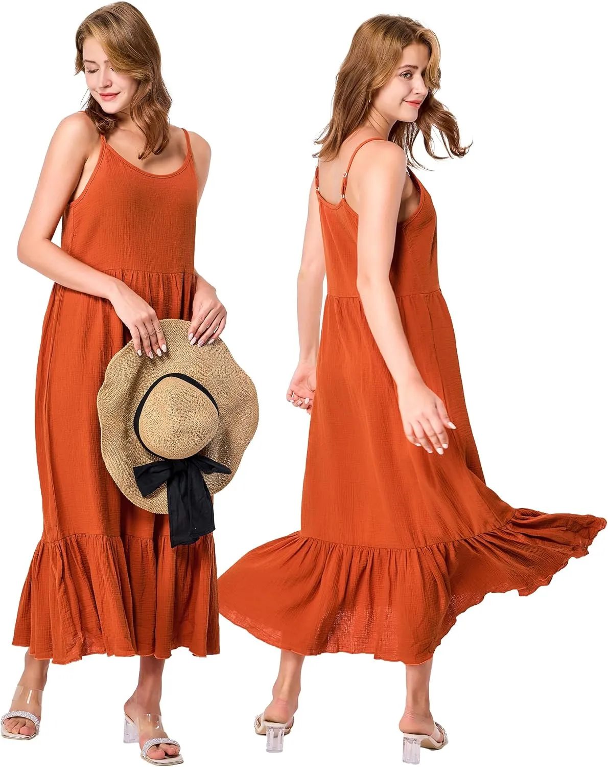 Simple&Opulence Women Summer Casual Cotton Maxi Dress, Loose Sleeveless Spaghetti Strap Tiered Boho Flowy Sundress for Beach