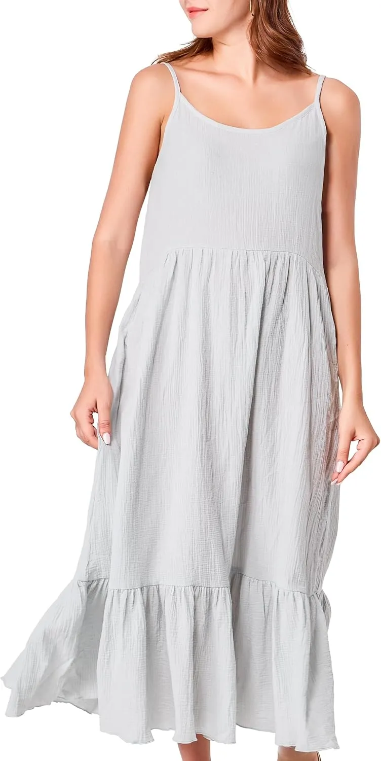 Simple&Opulence Women Summer Casual Cotton Maxi Dress, Loose Sleeveless Spaghetti Strap Tiered Boho Flowy Sundress for Beach