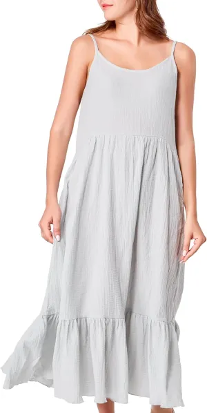 Simple&Opulence Women Summer Casual Cotton Maxi Dress, Loose Sleeveless Spaghetti Strap Tiered Boho Flowy Sundress for Beach