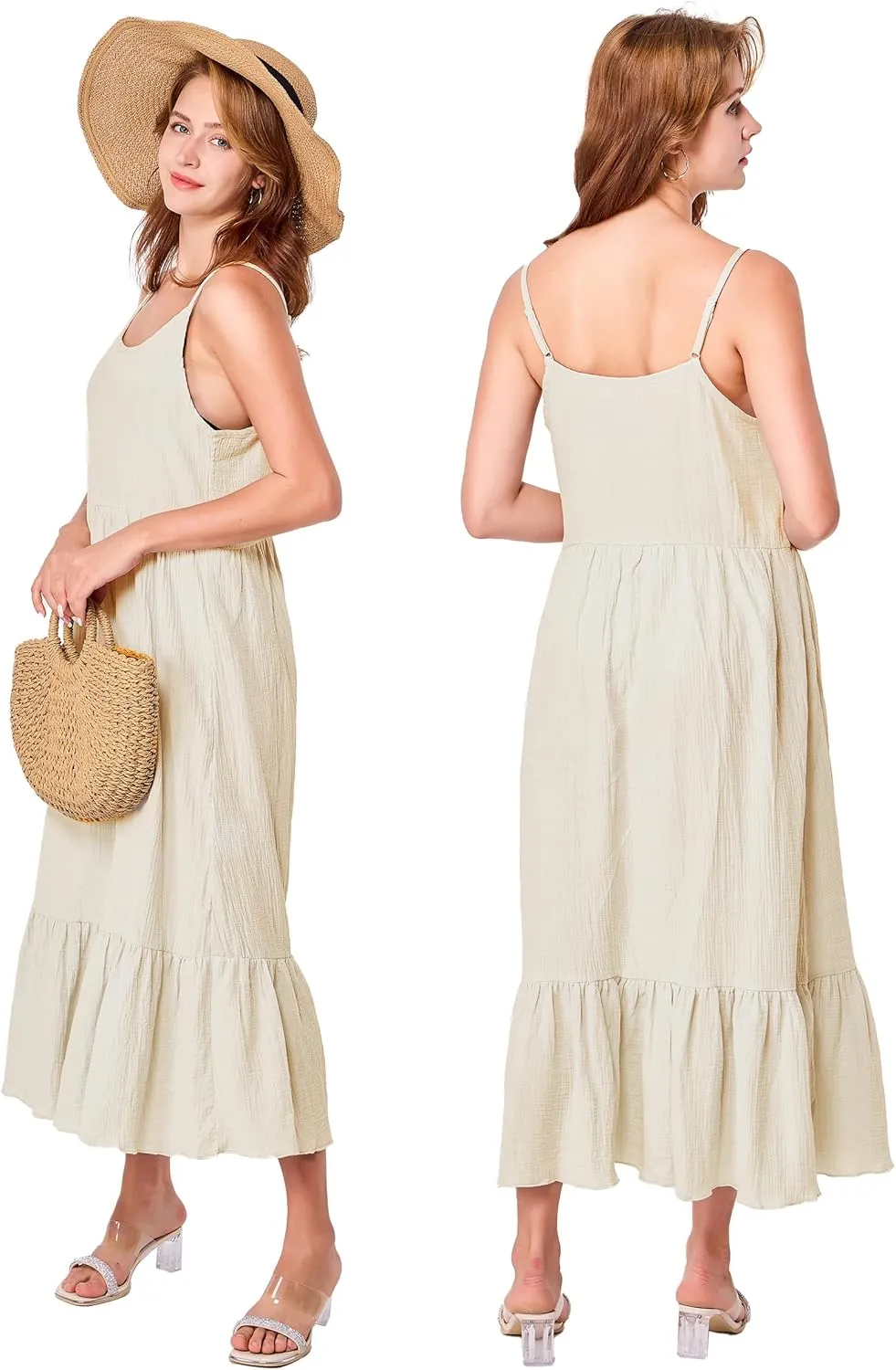 Simple&Opulence Women Summer Casual Cotton Maxi Dress, Loose Sleeveless Spaghetti Strap Tiered Boho Flowy Sundress for Beach