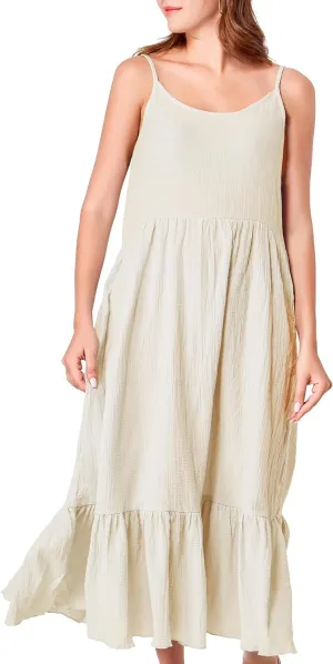 Simple&Opulence Women Summer Casual Cotton Maxi Dress, Loose Sleeveless Spaghetti Strap Tiered Boho Flowy Sundress for Beach