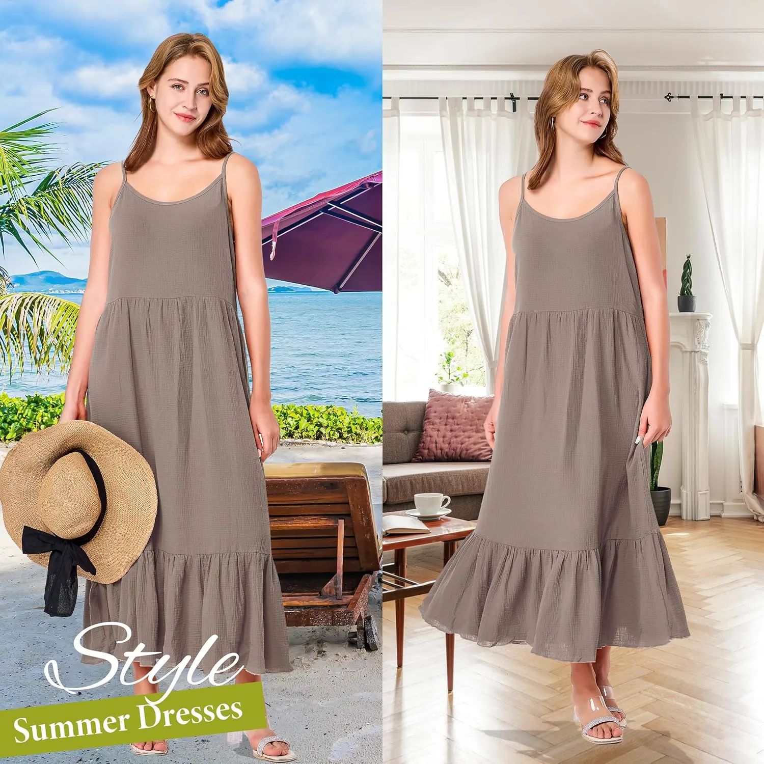 Simple&Opulence Women Summer Casual Cotton Maxi Dress, Loose Sleeveless Spaghetti Strap Tiered Boho Flowy Sundress for Beach