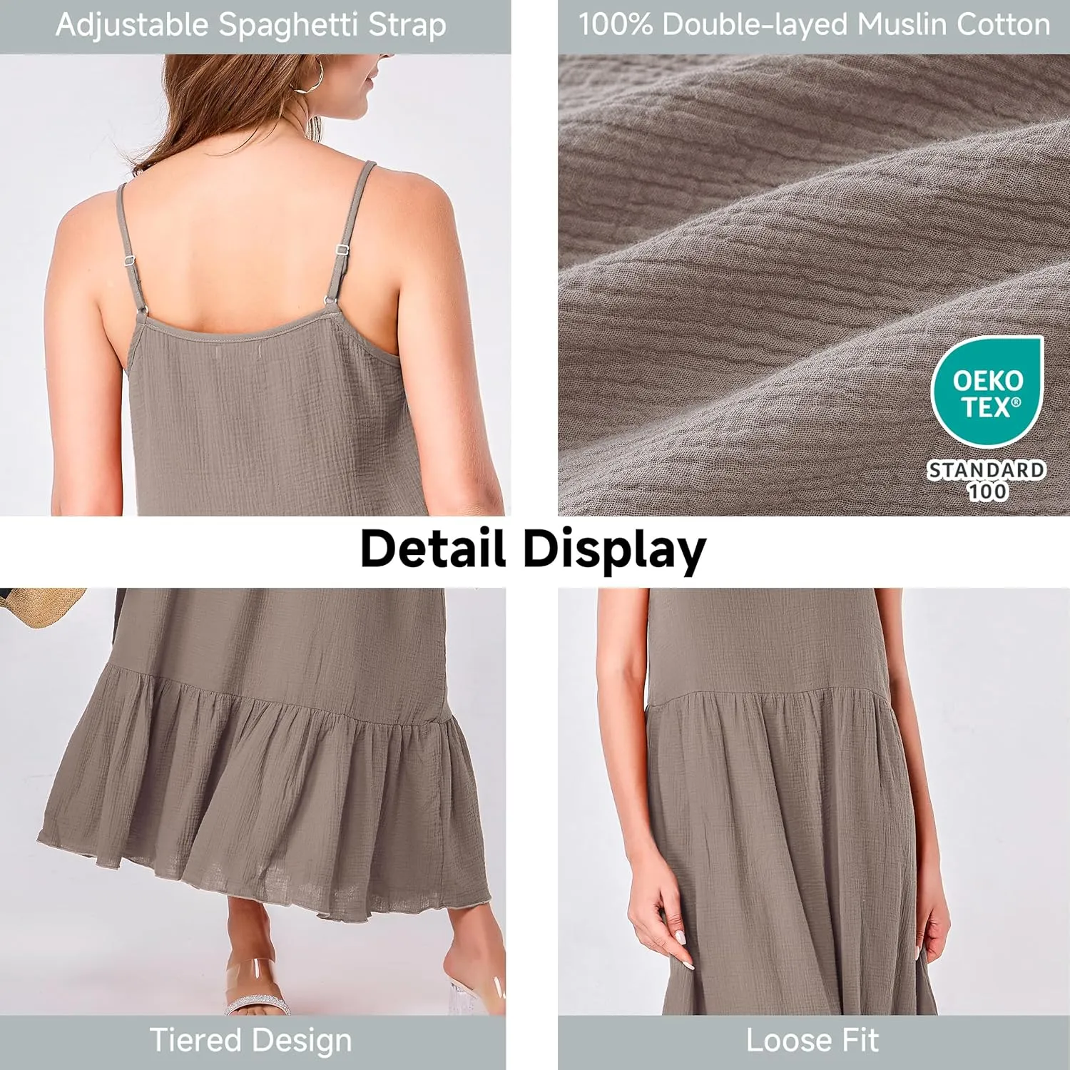 Simple&Opulence Women Summer Casual Cotton Maxi Dress, Loose Sleeveless Spaghetti Strap Tiered Boho Flowy Sundress for Beach