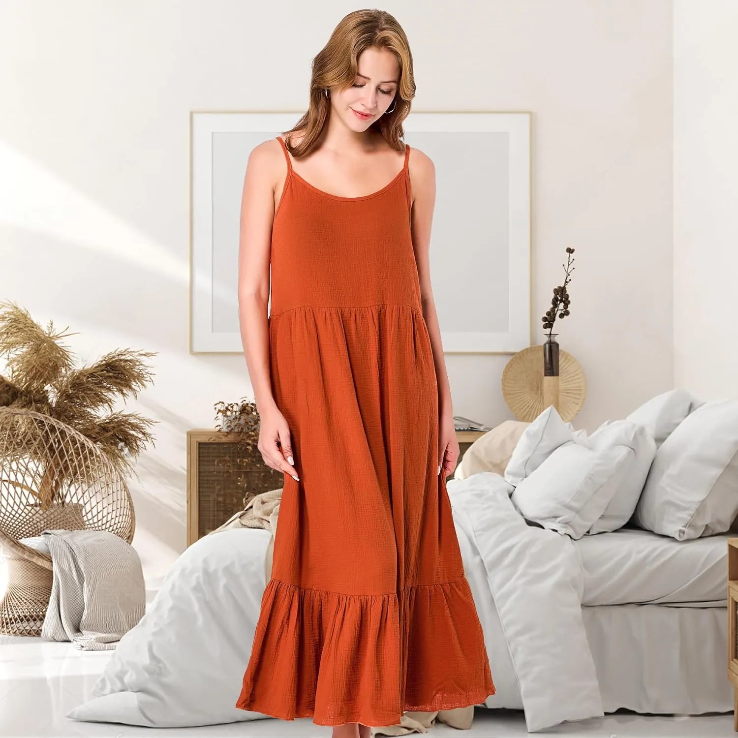 Simple&Opulence Women Summer Casual Cotton Maxi Dress, Loose Sleeveless Spaghetti Strap Tiered Boho Flowy Sundress for Beach