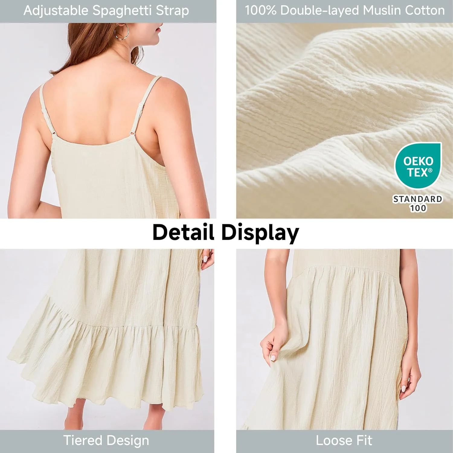 Simple&Opulence Women Summer Casual Cotton Maxi Dress, Loose Sleeveless Spaghetti Strap Tiered Boho Flowy Sundress for Beach