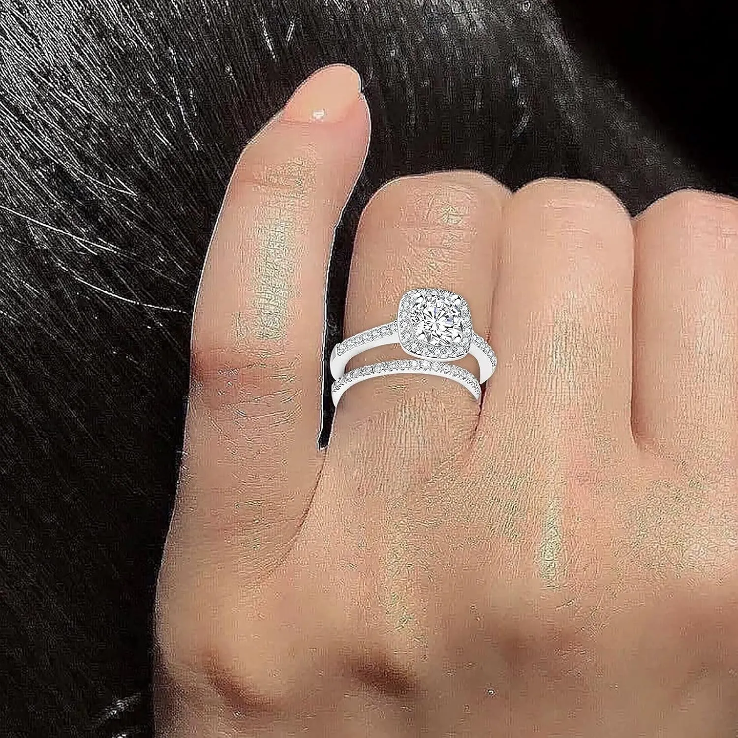 Simulated Diamond Princess Square Diamond Set Round Wedding Bridal Ring Set Cubic Zirconia Promise Engagement Ring