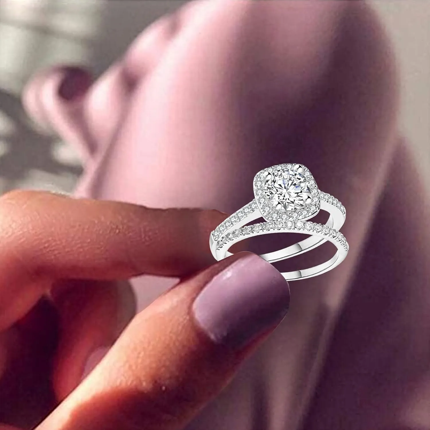 Simulated Diamond Princess Square Diamond Set Round Wedding Bridal Ring Set Cubic Zirconia Promise Engagement Ring