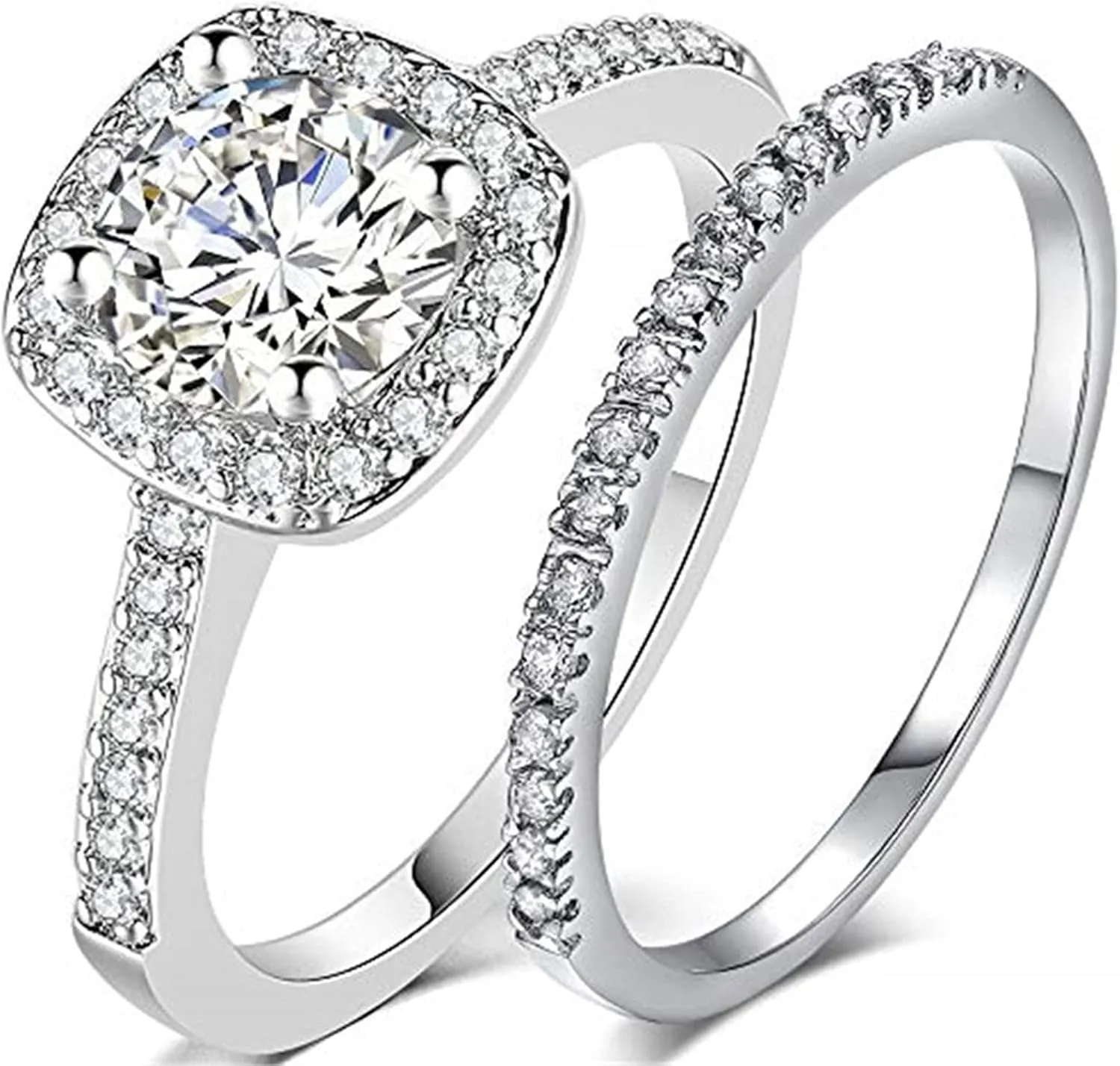 Simulated Diamond Princess Square Diamond Set Round Wedding Bridal Ring Set Cubic Zirconia Promise Engagement Ring
