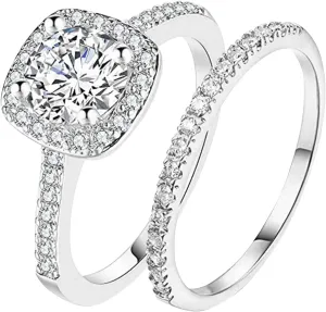 Simulated Diamond Princess Square Diamond Set Round Wedding Bridal Ring Set Cubic Zirconia Promise Engagement Ring