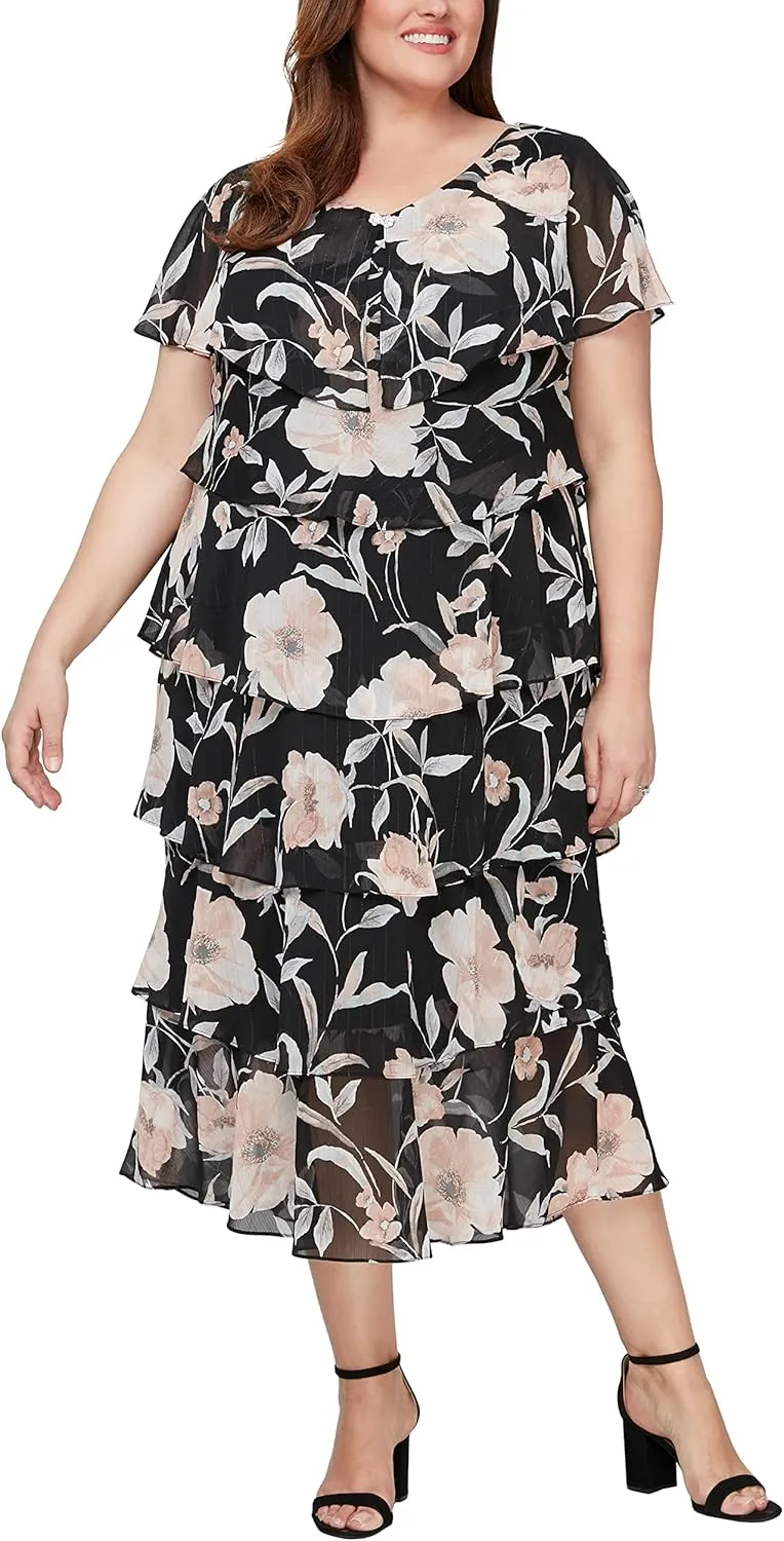 S.L. Fashions Women's Plus Size Long Tiered Ruffle Dress