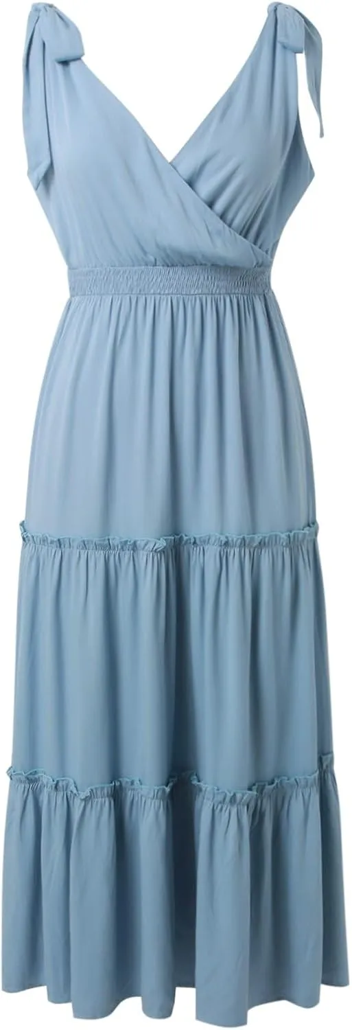 Sleeveless Maxi Dresses for Women Summer Casual Smocked Tiered Tie Shoulder Long Sundress Flowy Beach Vacation Dress