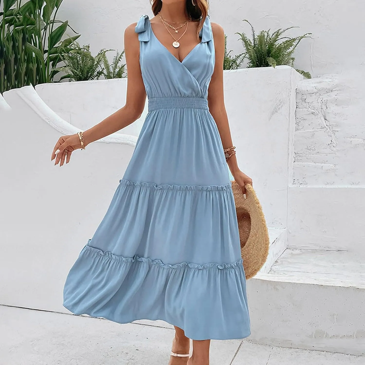 Sleeveless Maxi Dresses for Women Summer Casual Smocked Tiered Tie Shoulder Long Sundress Flowy Beach Vacation Dress