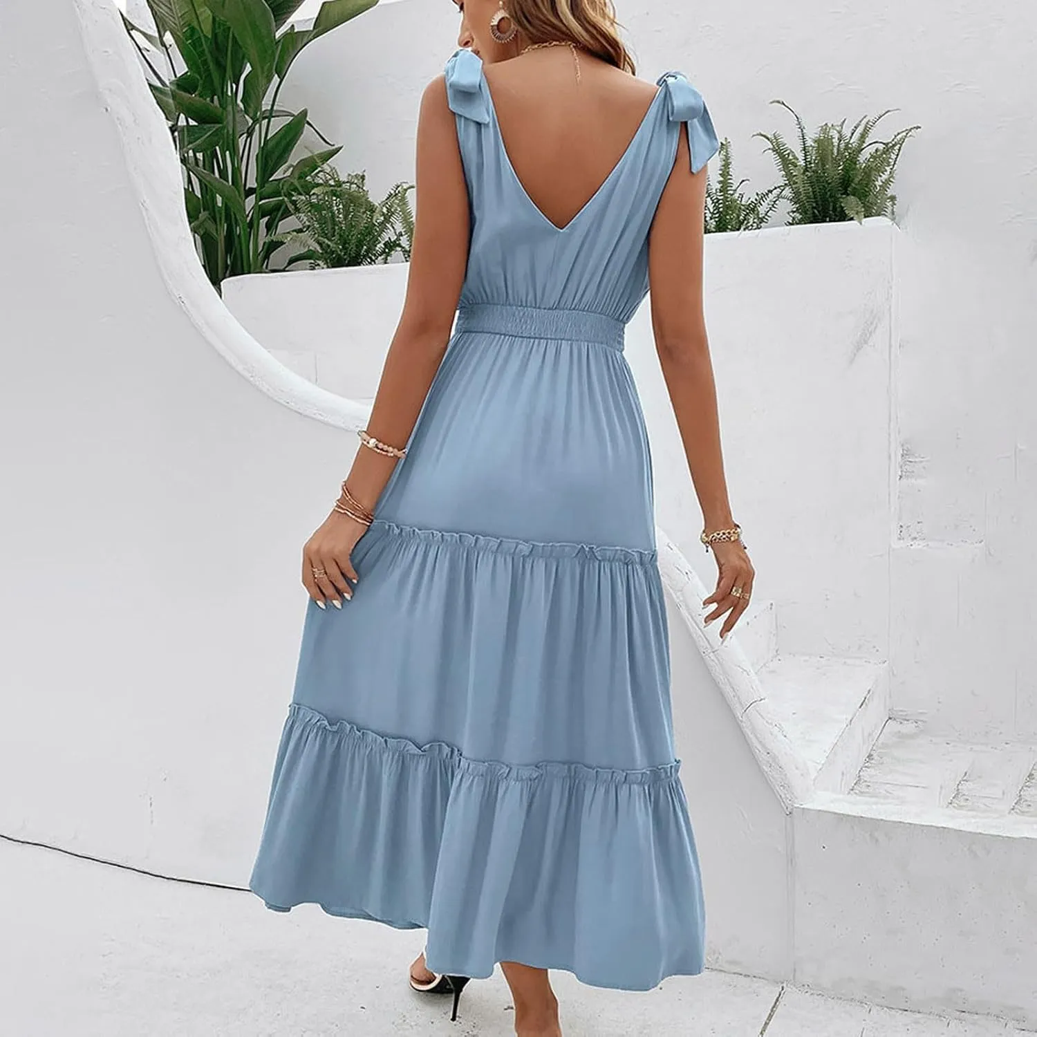 Sleeveless Maxi Dresses for Women Summer Casual Smocked Tiered Tie Shoulder Long Sundress Flowy Beach Vacation Dress