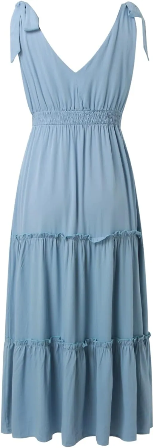 Sleeveless Maxi Dresses for Women Summer Casual Smocked Tiered Tie Shoulder Long Sundress Flowy Beach Vacation Dress