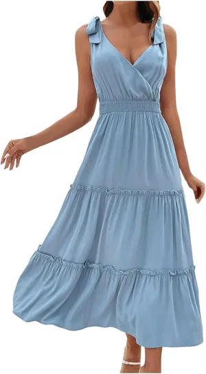Sleeveless Maxi Dresses for Women Summer Casual Smocked Tiered Tie Shoulder Long Sundress Flowy Beach Vacation Dress