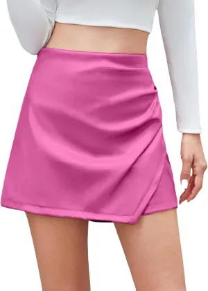 Slimming Skorts for Woman High Waisted Faux Leather Pull On Shorts Elastic Waist Ruched Wrap Asymmetrical Shorts