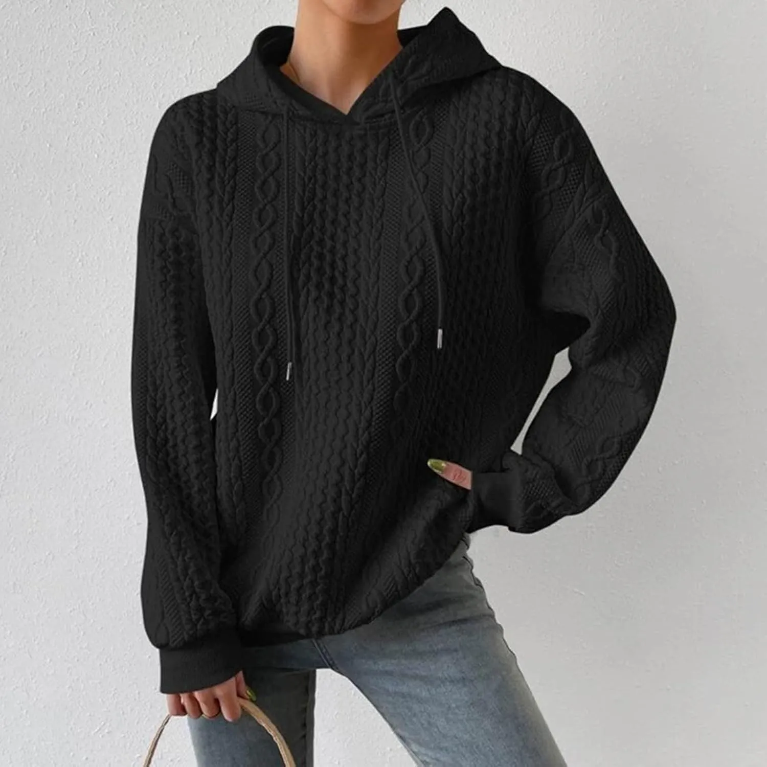 slqdgmryz Oversized Hoodies for Women Plus Size Cable Knit Sweater Loose Fit Drawstring Comfort Hoodie Preppy Sweatshirt