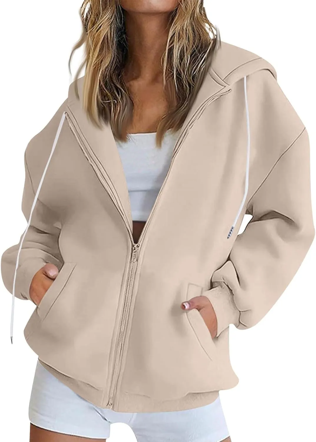 slqdgmryz Zip Up Hoodie Women Drawstring Oversized Sweatshirt Zipped Cute Hoodies Y2k Workout Fleece Jacket with Pockets