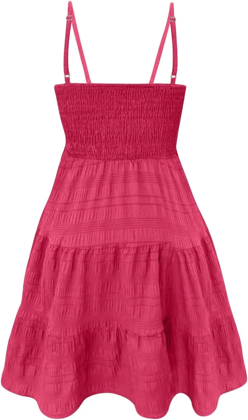 Smocked Sundress for Women Summer Dressy Straps Sleeveless Tiered Mini Flowy Swing Dress Square Neck A-line Dress