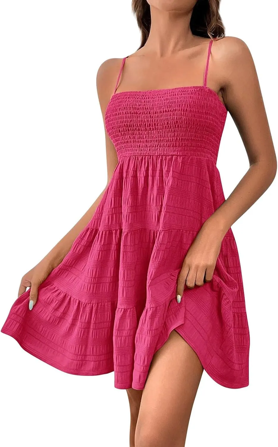 Smocked Sundress for Women Summer Dressy Straps Sleeveless Tiered Mini Flowy Swing Dress Square Neck A-line Dress