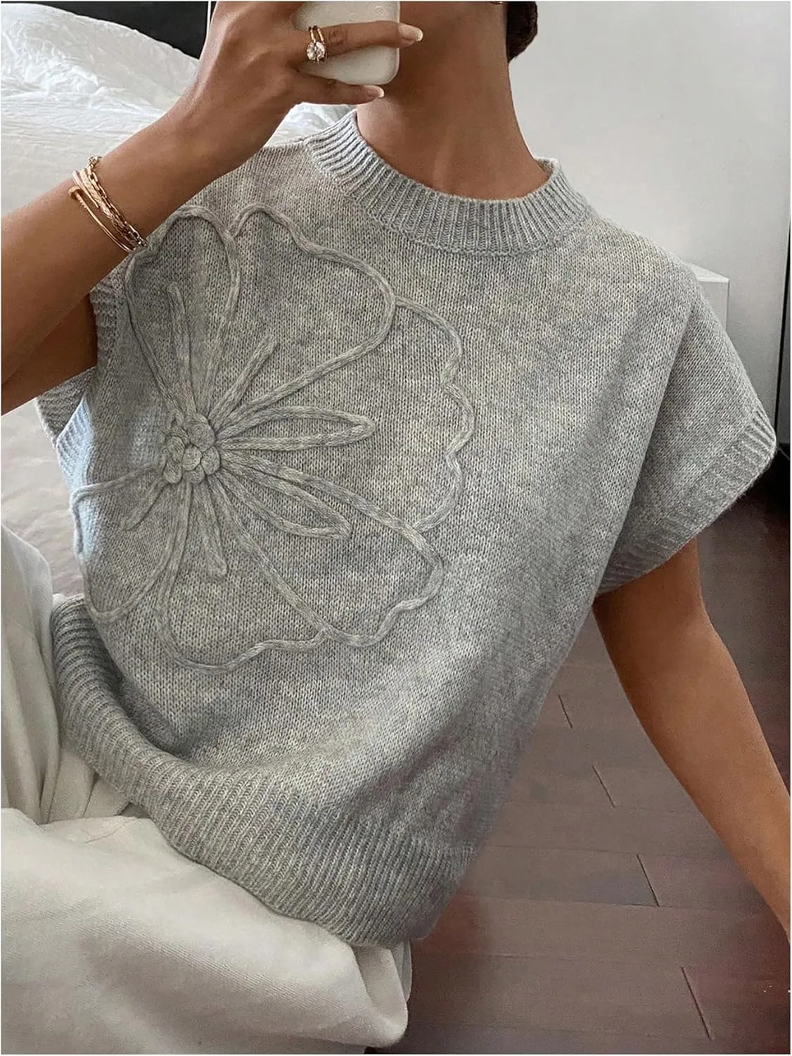 SOLY HUX Women's Ribbed Sweater Crew Neck Short Sleeve Loose Fit Floral Knit Pullover Tops