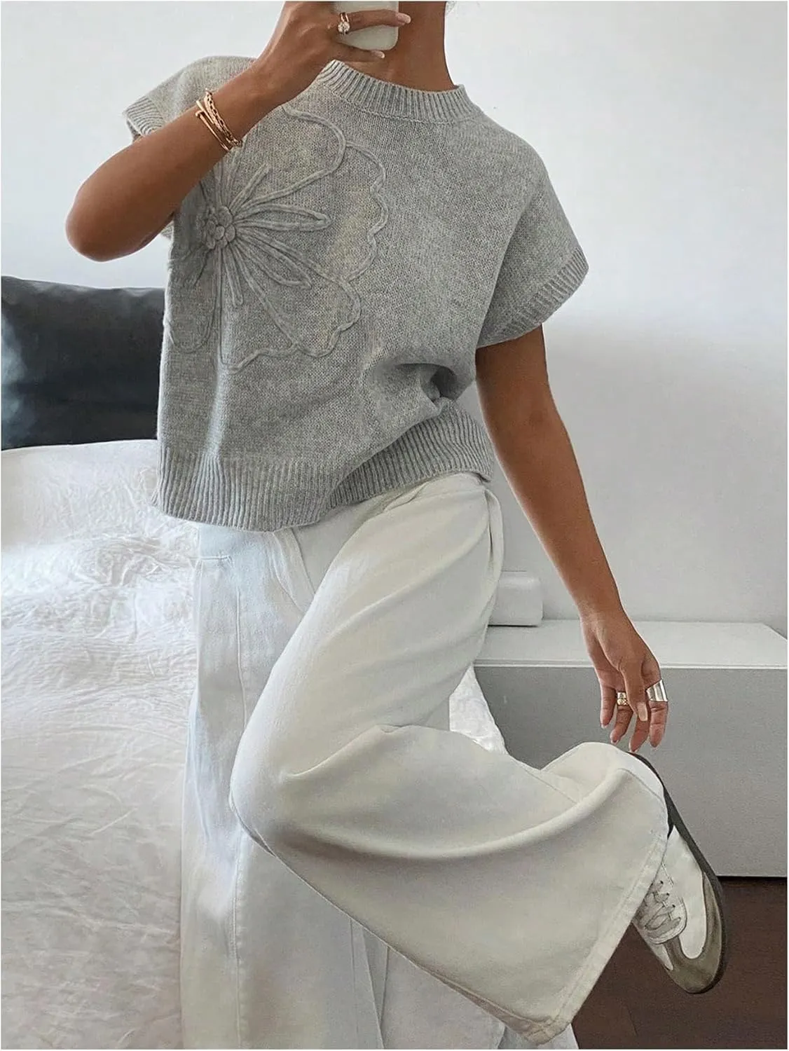 SOLY HUX Women's Ribbed Sweater Crew Neck Short Sleeve Loose Fit Floral Knit Pullover Tops