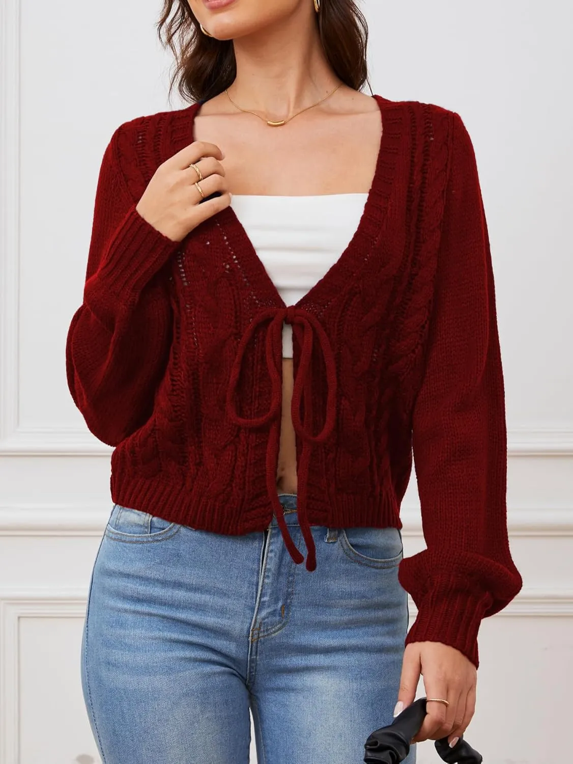 SOLY HUX Women's Tie Front Cardigan Sweaters Long Sleeve Bow Sweater Fall Winter Trendy Outerwear Tops