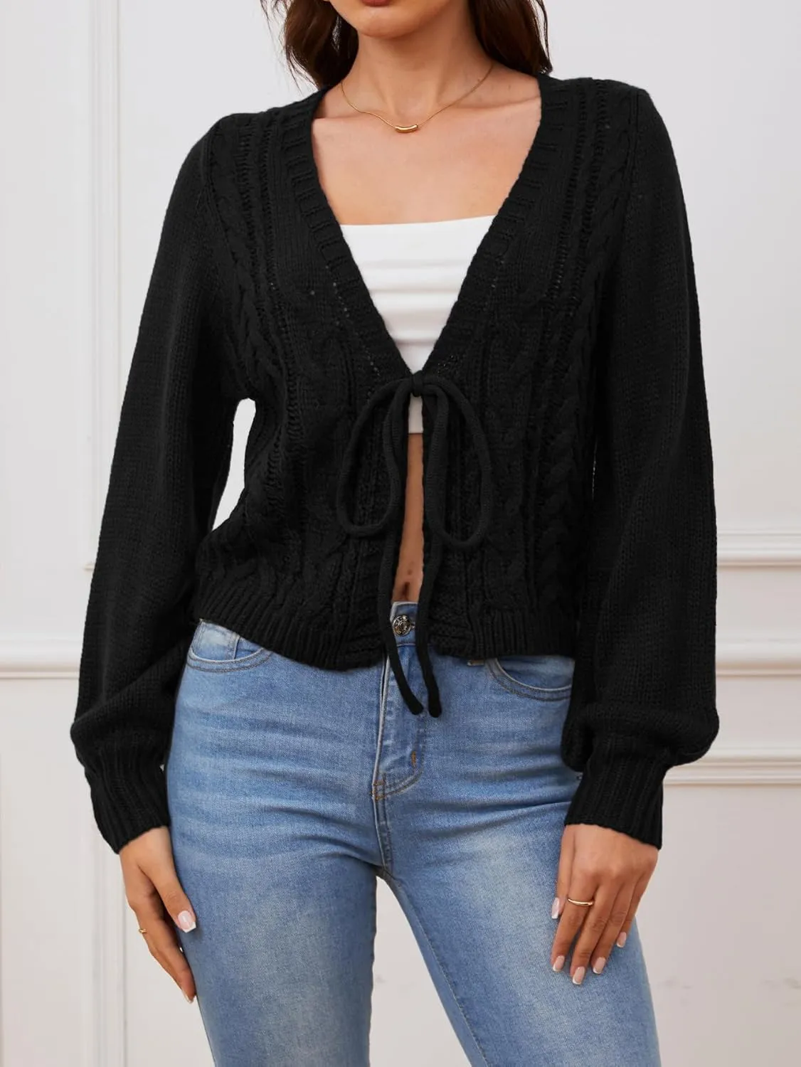 SOLY HUX Women's Tie Front Cardigan Sweaters Long Sleeve Bow Sweater Fall Winter Trendy Outerwear Tops