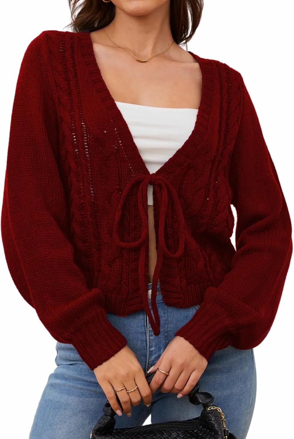 SOLY HUX Women's Tie Front Cardigan Sweaters Long Sleeve Bow Sweater Fall Winter Trendy Outerwear Tops