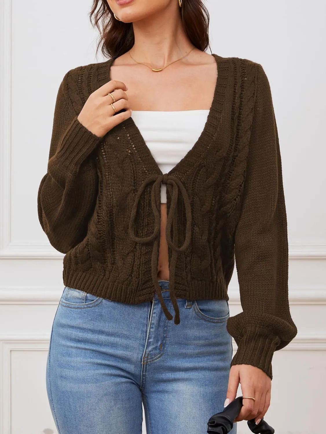 SOLY HUX Women's Tie Front Cardigan Sweaters Long Sleeve Bow Sweater Fall Winter Trendy Outerwear Tops