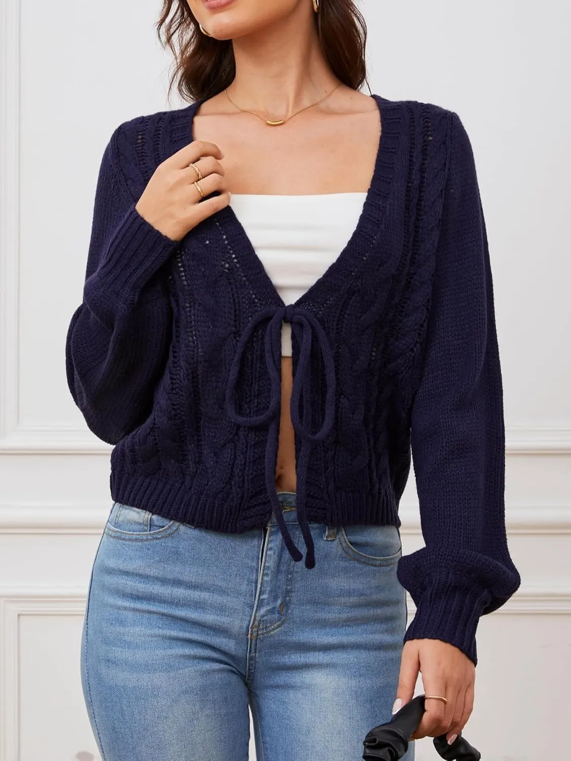 SOLY HUX Women's Tie Front Cardigan Sweaters Long Sleeve Bow Sweater Fall Winter Trendy Outerwear Tops