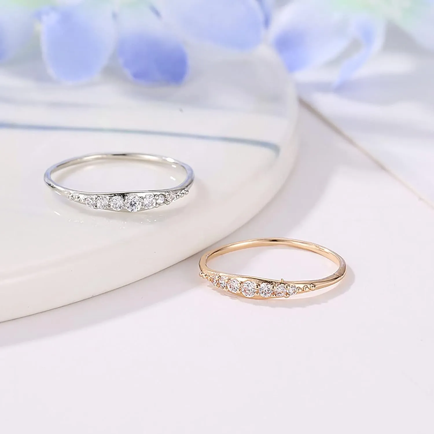 Stackable Gold Plated 925 Sterling Silver Rings for Women,Dainty Thin Cubic Zirconia Wedding Bands Engagement Jewelry Gifts