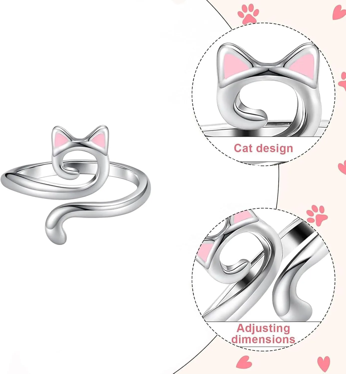 Stacking Ring for Women,Adjustable S925 Sterling Silver Statement Band for Her Cat Ears Stackable Open Finger Ring for Ladies